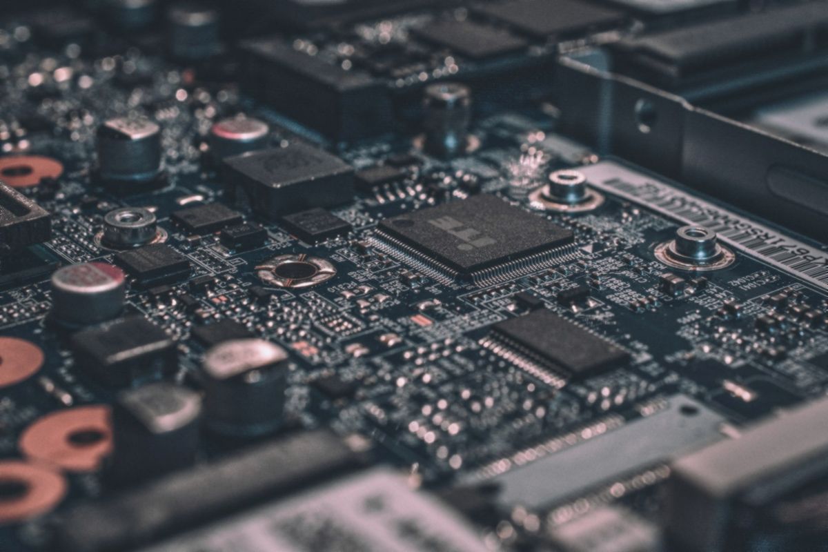Circuit boards and hardware on a workbench